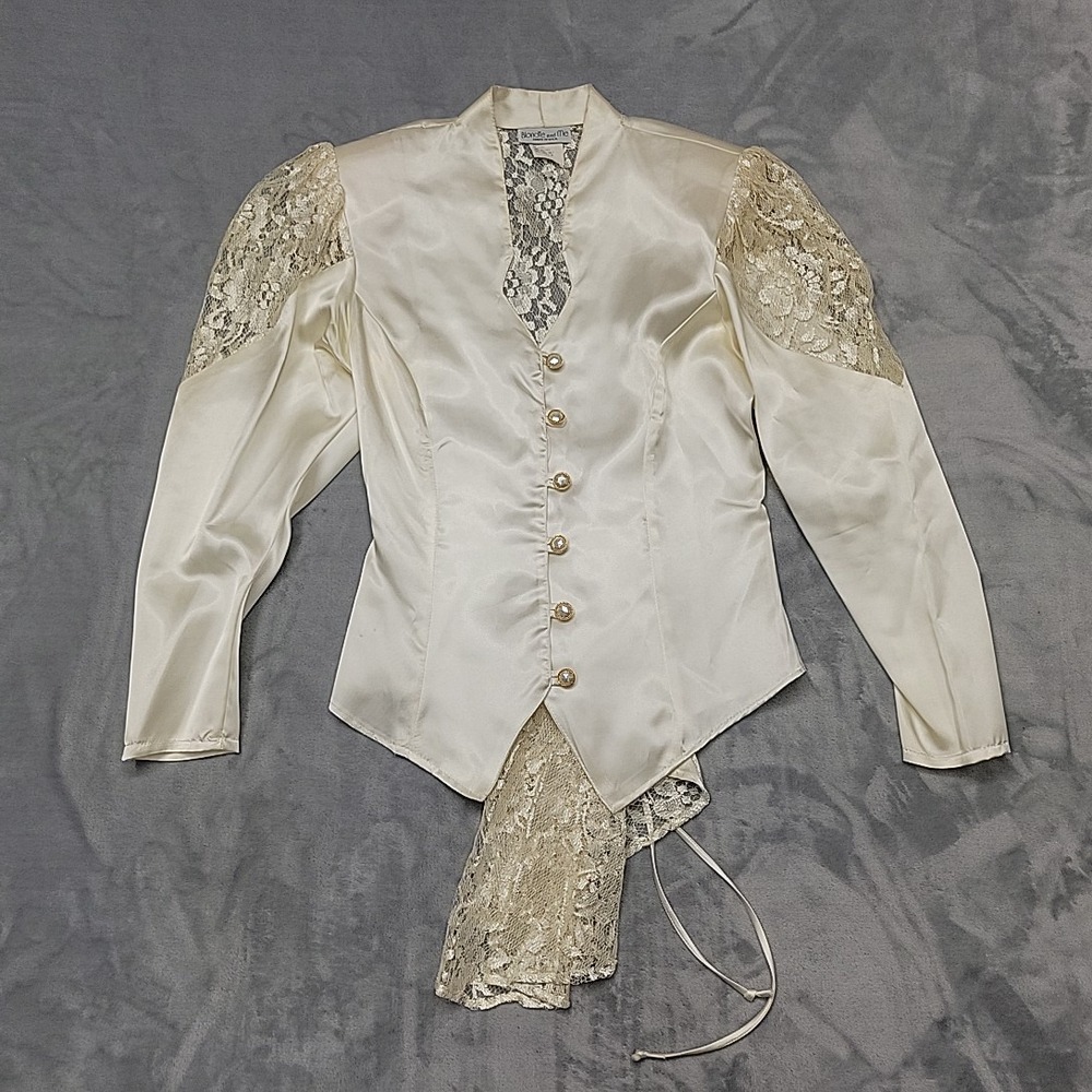 Vintage Blondie And Me Shirt Womens M Ivory Satin Lace Corset Back Made In USA